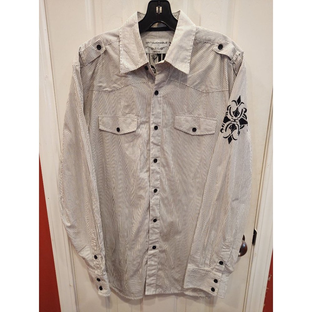 Untouchable Mens Western Shirt XL Black Gray Striped Embroidered Long Sleeve